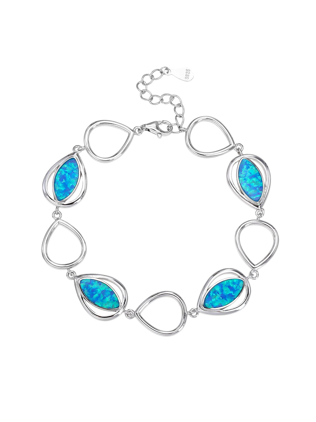 bracelet with drop outline and blue opal stones (16,5+3,5 cm) in hallmarked, rhodium-plated 925 sterling silver – alternate front view – DRESCHER Jewellery®