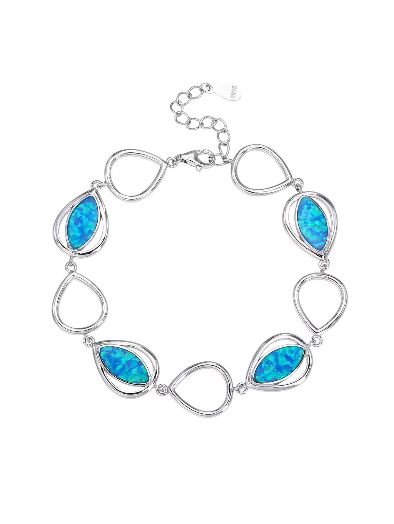 Silver bracelet with drop outline and blue opal stones (16,5+3,5 cm)