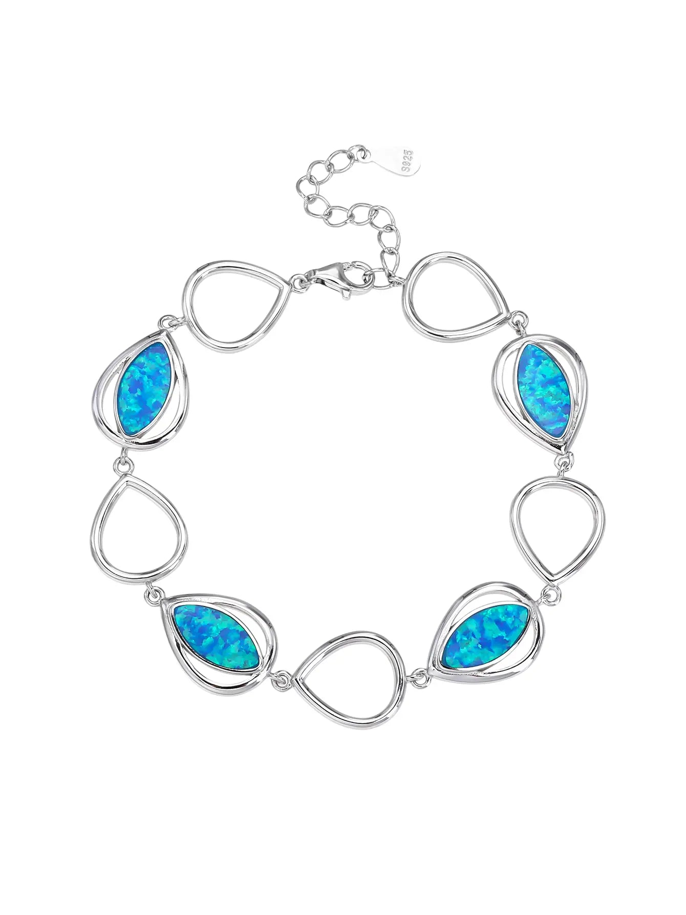 Silver bracelet with drop outline and blue opal stones (16,5+3,5 cm)