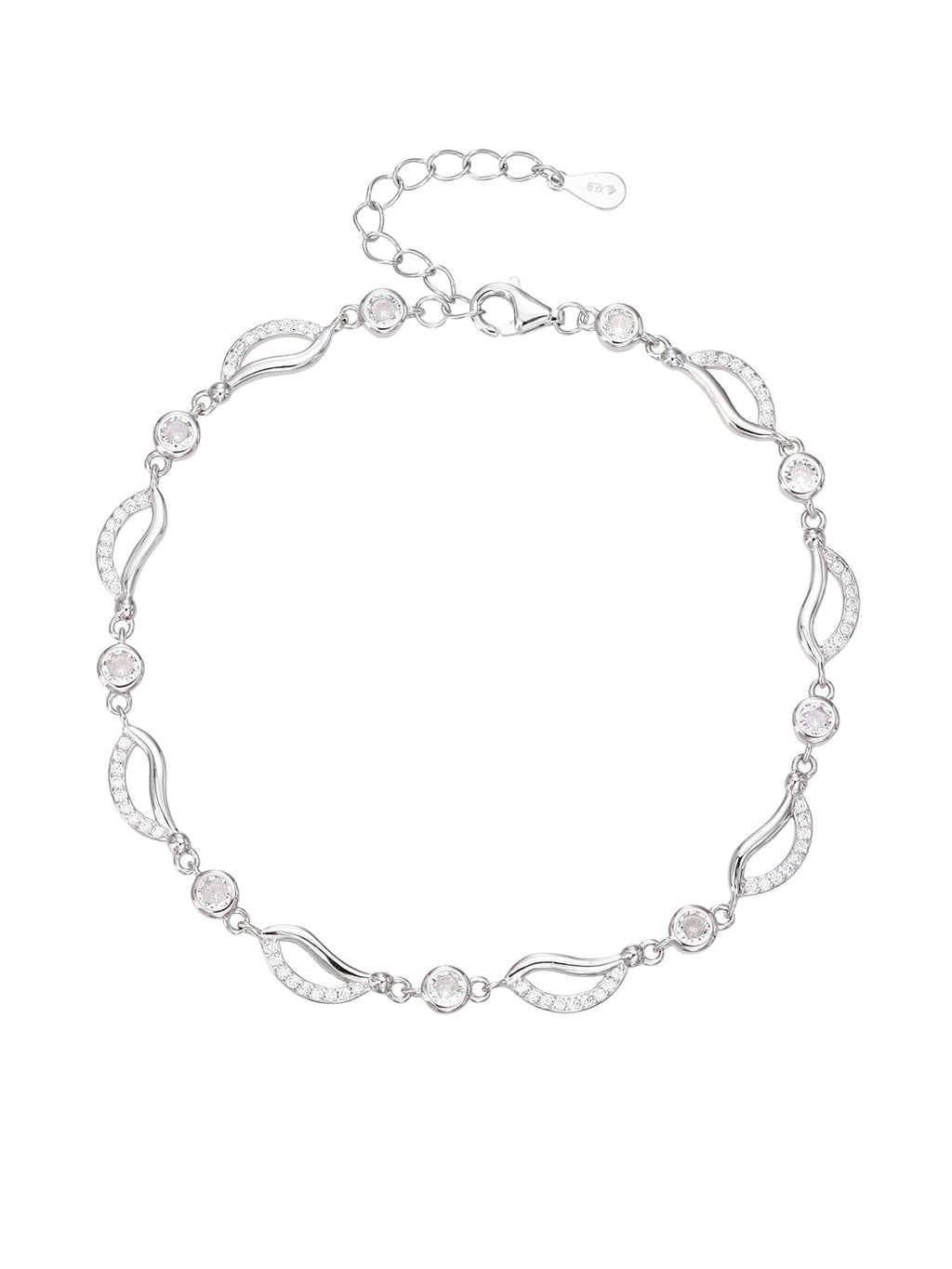 bracelet with wave shaped zirconia decoration in hallmarked, rhodium-plated 925 sterling silver – display view – DRESCHER Jewellery®
