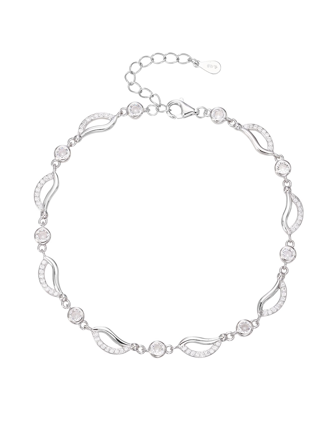 bracelet with wave shaped zirconia decoration in hallmarked, rhodium-plated 925 sterling silver – display view – DRESCHER Jewellery®