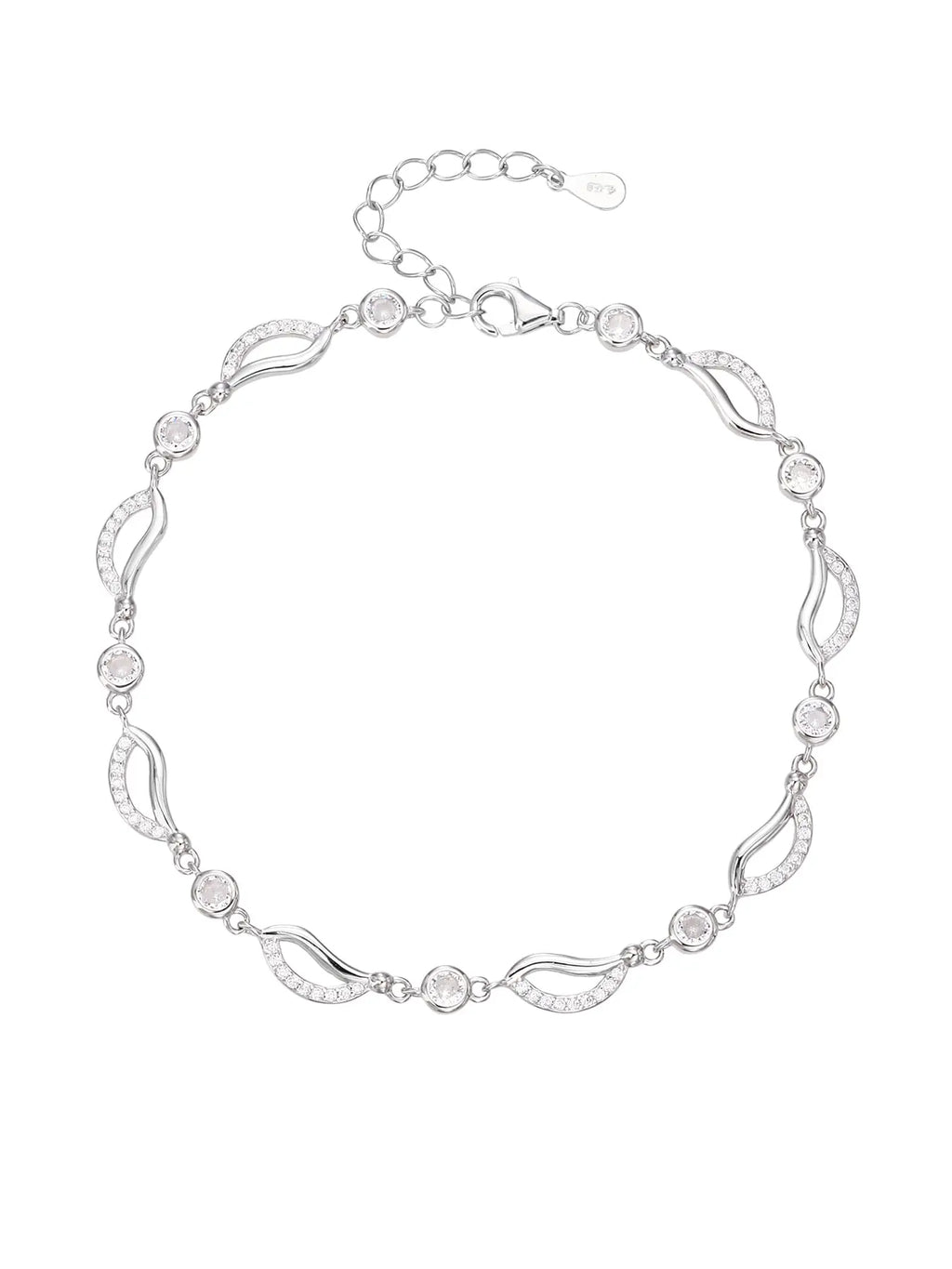 bracelet with wave shaped zirconia decoration in hallmarked, rhodium-plated 925 sterling silver – front view – DRESCHER Jewellery®