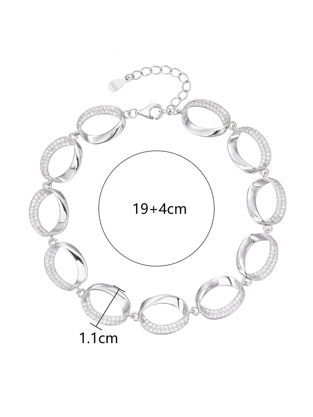 bracelet with oval shaped eyes and zirconia decoration in hallmarked, rhodium-plated 925 sterling silver – worn view – DRESCHER Jewellery®