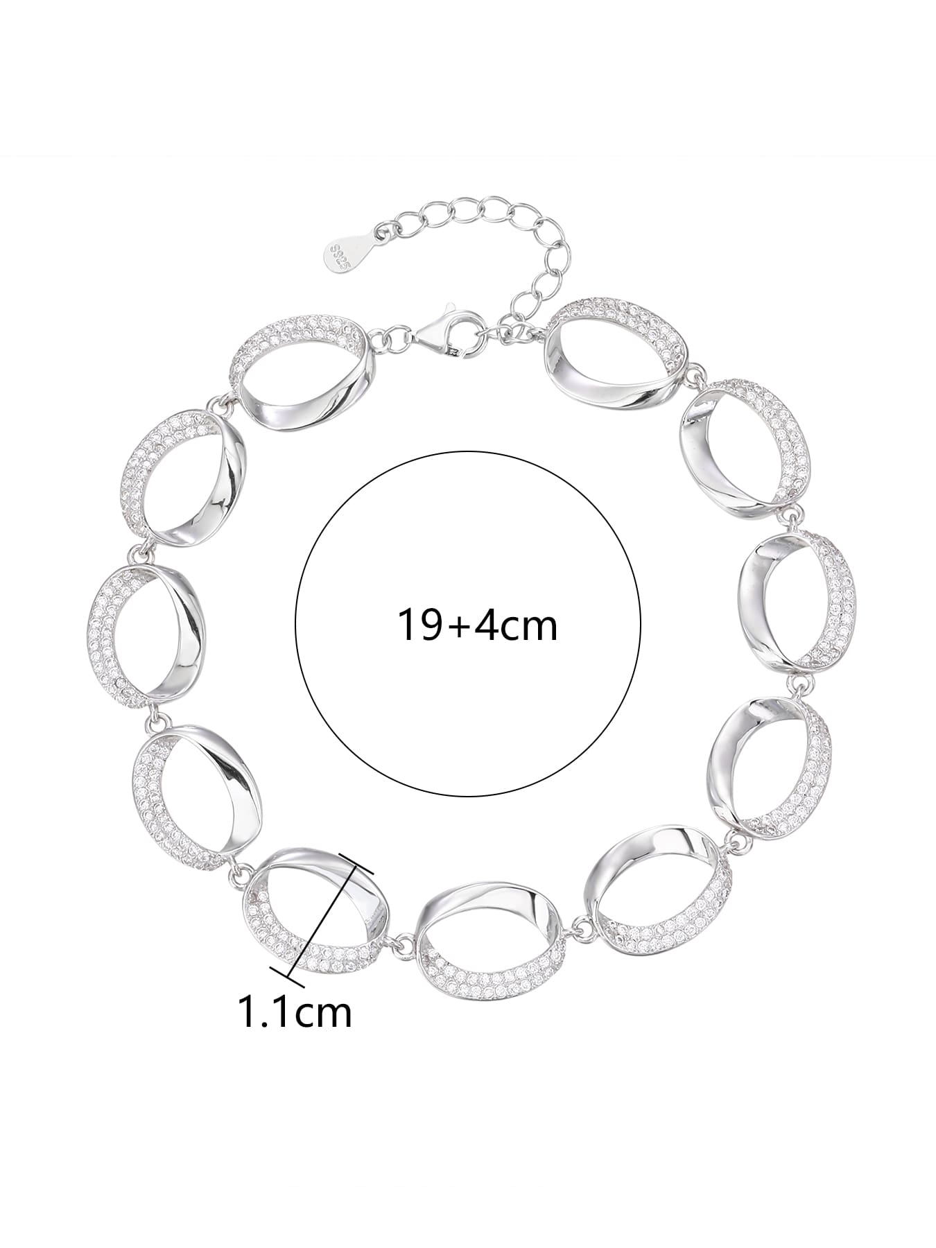 Silver bracelet with oval shaped eyes and zirconia decoration