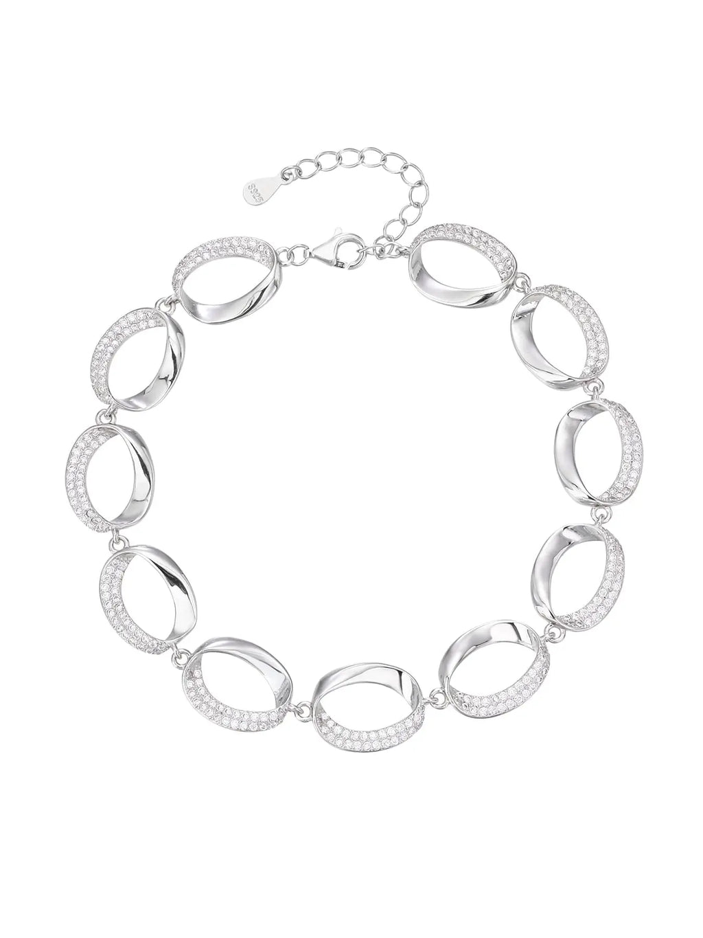 bracelet with oval shaped eyes and zirconia decoration in hallmarked, rhodium-plated 925 sterling silver – front view – DRESCHER Jewellery®