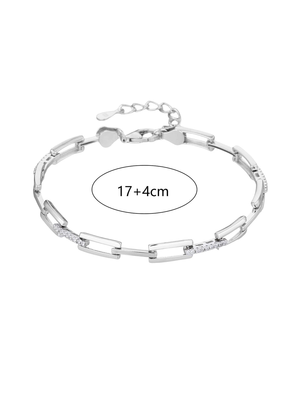 bracelet with rectangle links and cubic zirconia stones (17+4 cm) in hallmarked, rhodium-plated 925 sterling silver – worn view – DRESCHER Jewellery®