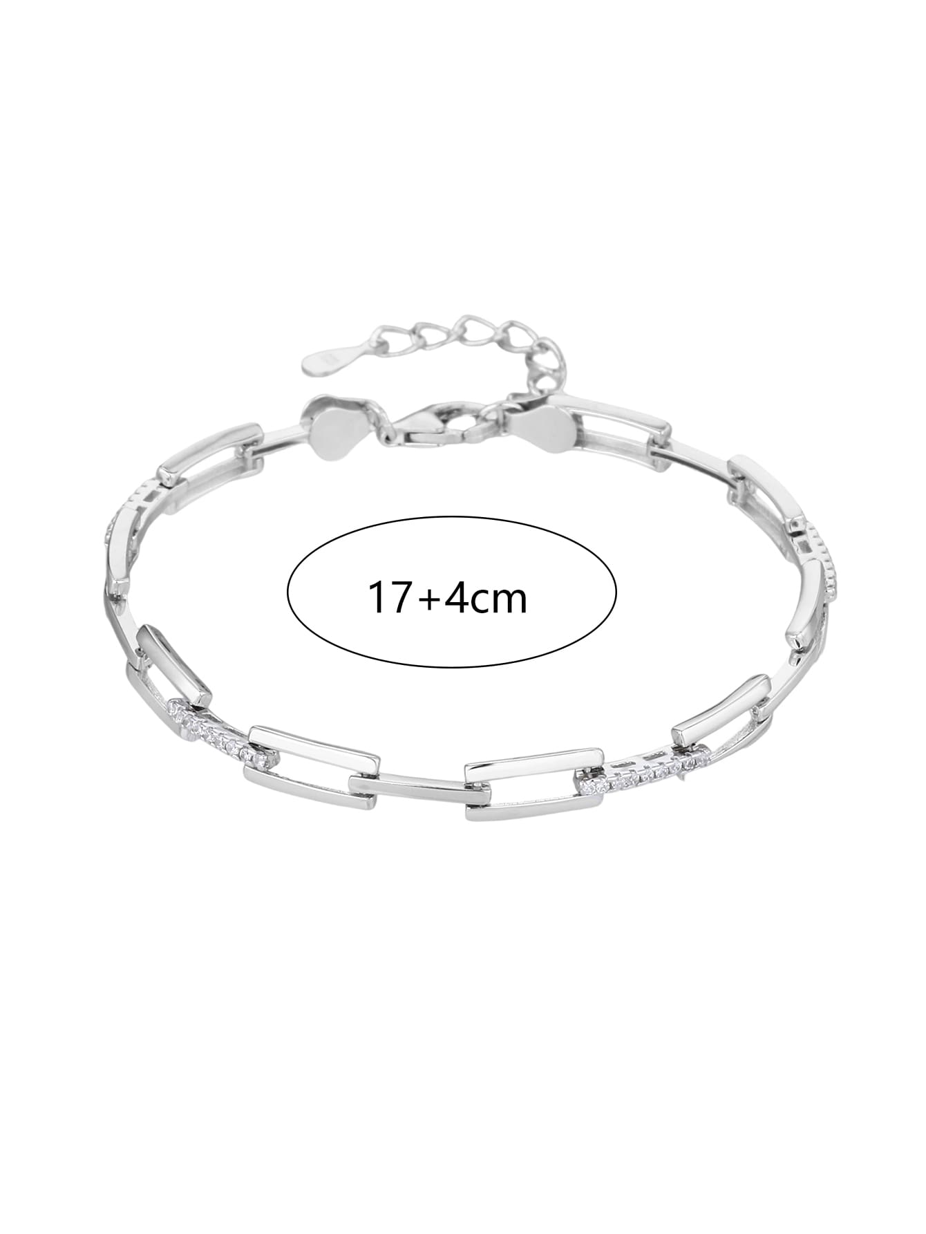 Silver bracelet with rectangle links and cubic zirconia stones (17+4 cm)