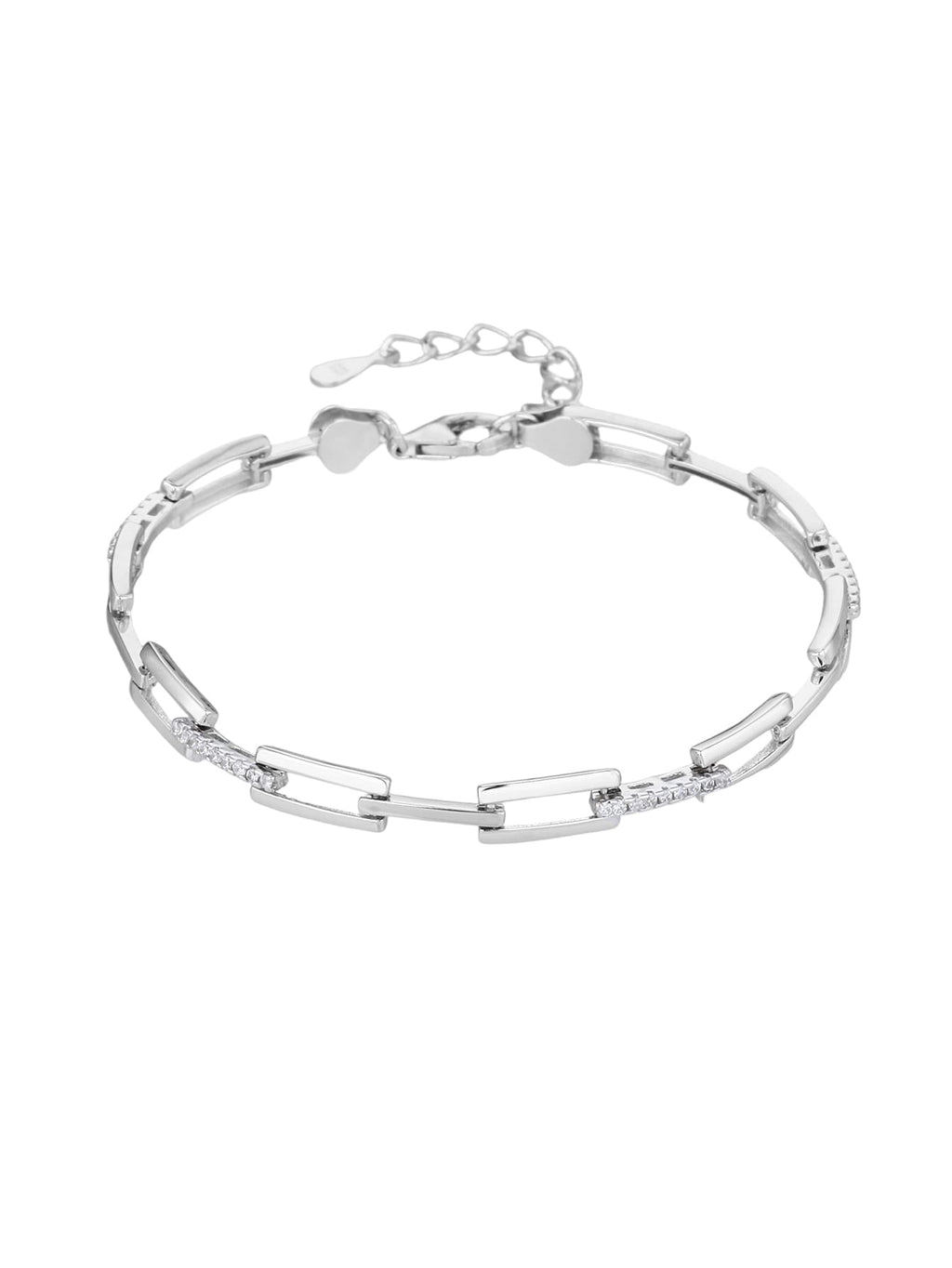 bracelet with rectangle links and cubic zirconia stones (17+4 cm) in hallmarked, rhodium-plated 925 sterling silver – alternate front view – DRESCHER Jewellery®