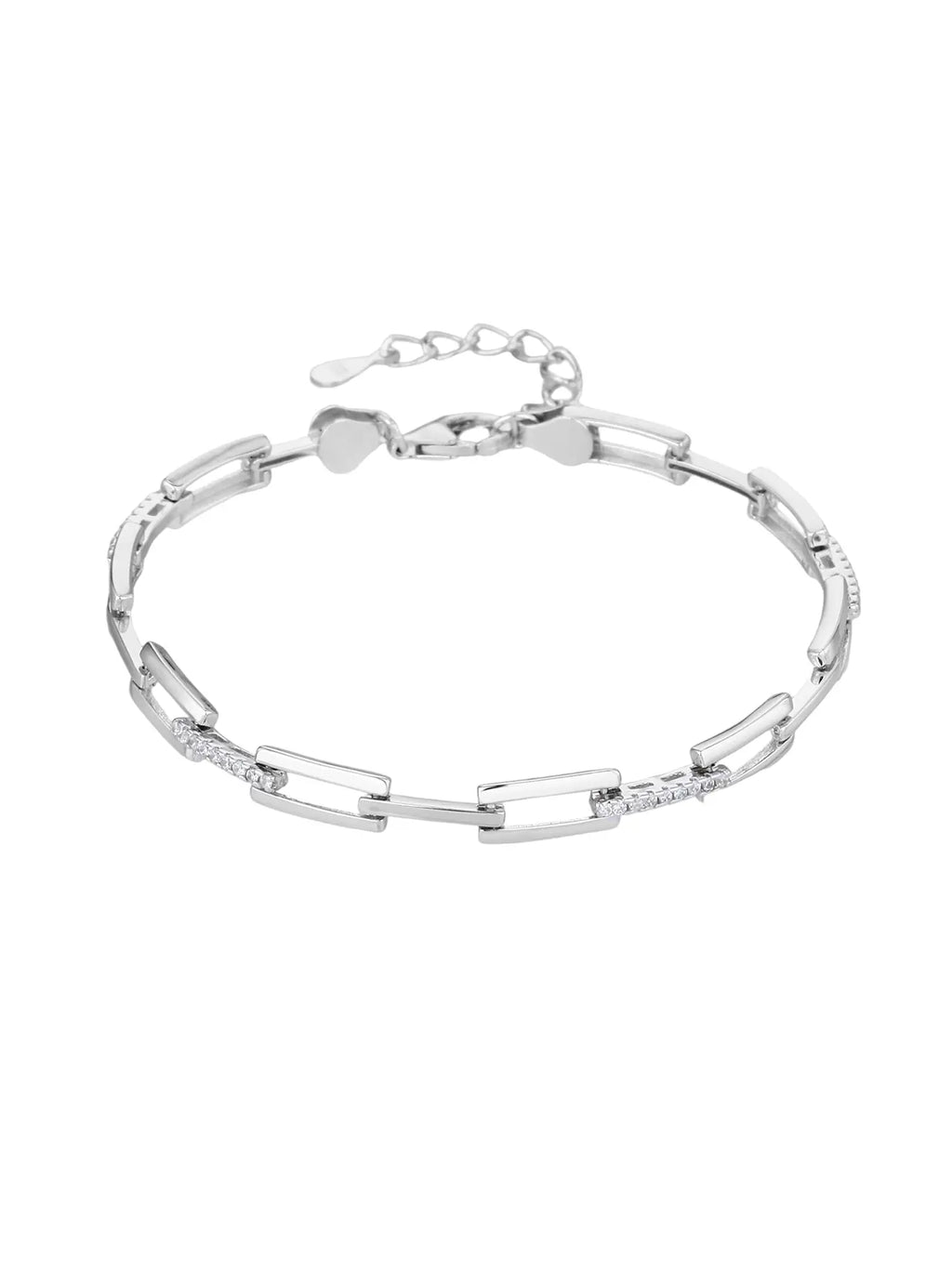 bracelet with rectangle links and cubic zirconia stones (17+4 cm) in hallmarked, rhodium-plated 925 sterling silver – front view – DRESCHER Jewellery®