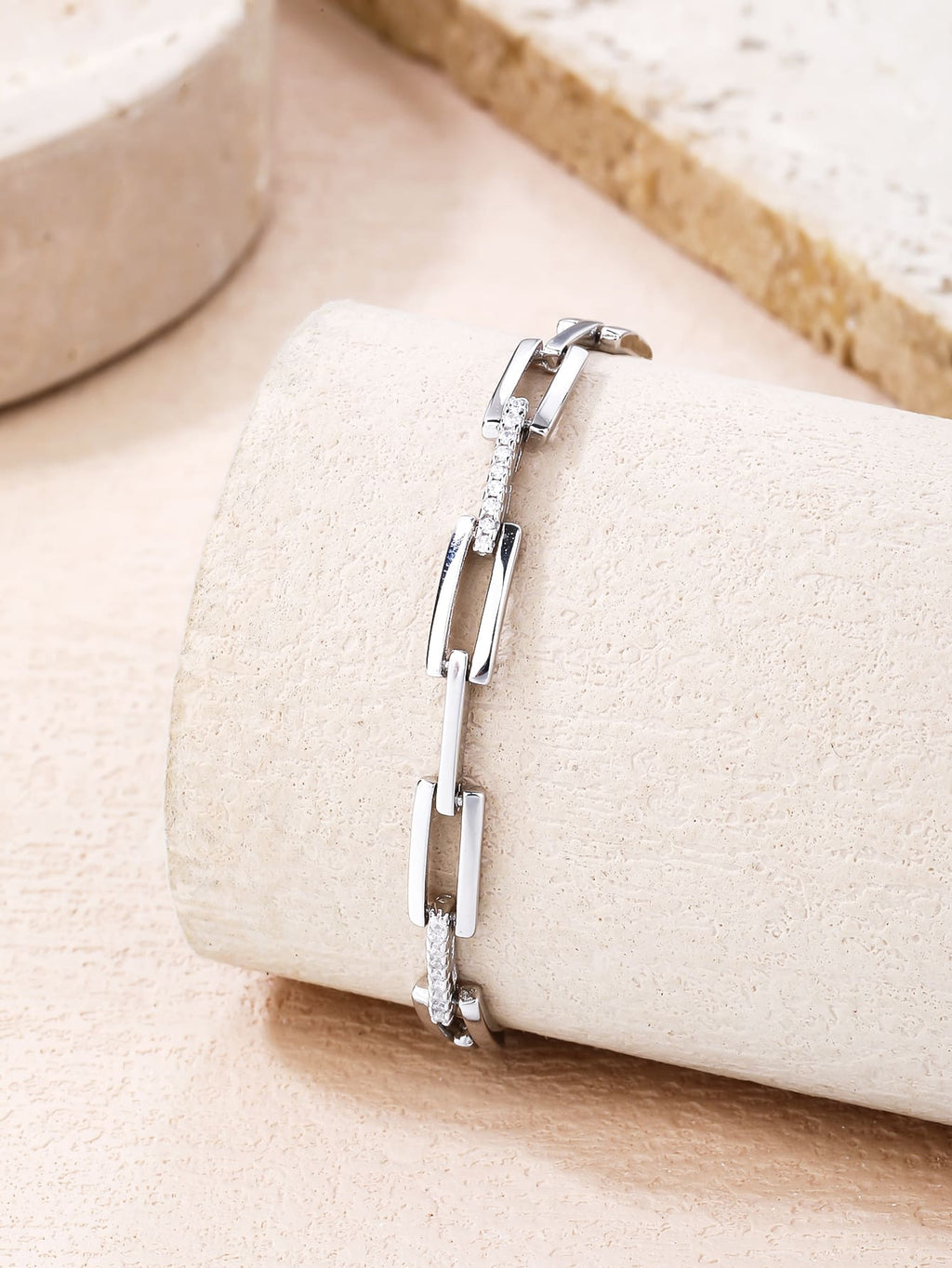 bracelet with rectangle links and cubic zirconia stones (17+4 cm) in hallmarked, rhodium-plated 925 sterling silver – display view – DRESCHER Jewellery®