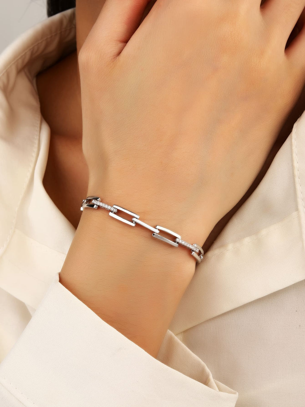 bracelet with rectangle links and cubic zirconia stones (17+4 cm) in hallmarked, rhodium-plated 925 sterling silver – dimensions view – DRESCHER Jewellery®