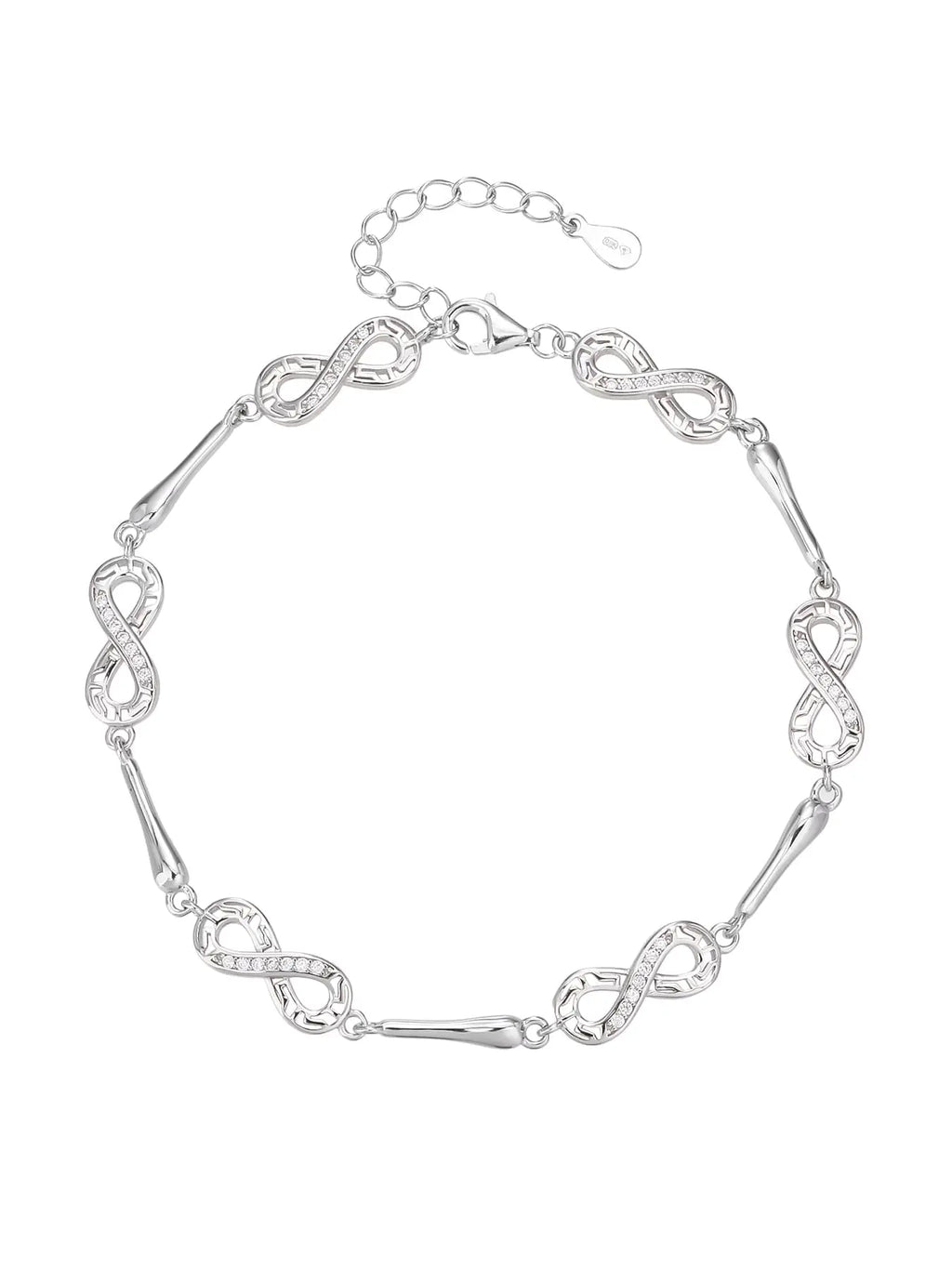 bracelet with infinity symbol and zirconia decoration in hallmarked, rhodium-plated 925 sterling silver – front view – DRESCHER Jewellery®