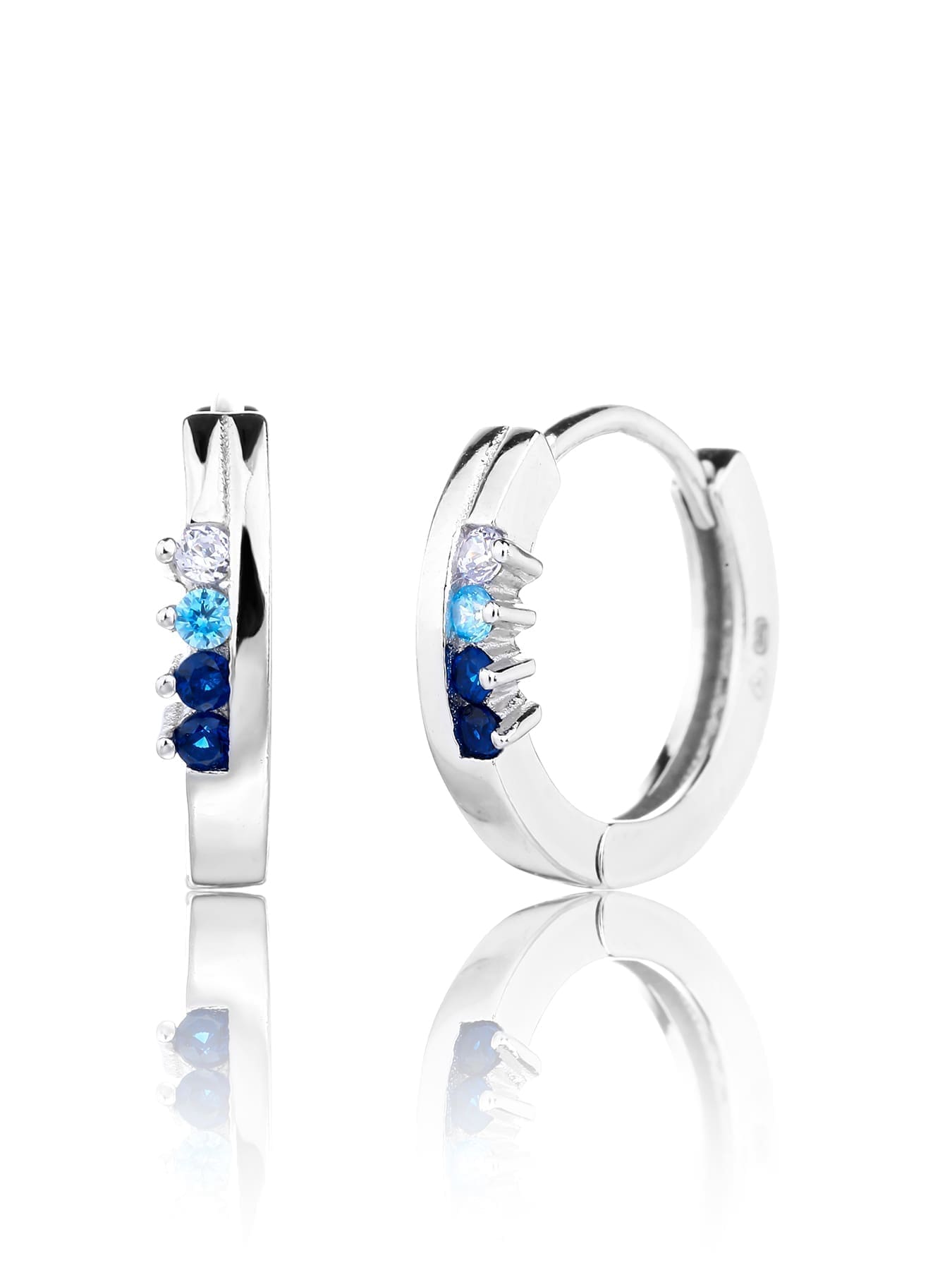 Blue, light blue and white cubic zirconia hoop earrings in hallmarked, rhodium-plated 925 sterling silver – front and side views – DRESCHER Jewellery®