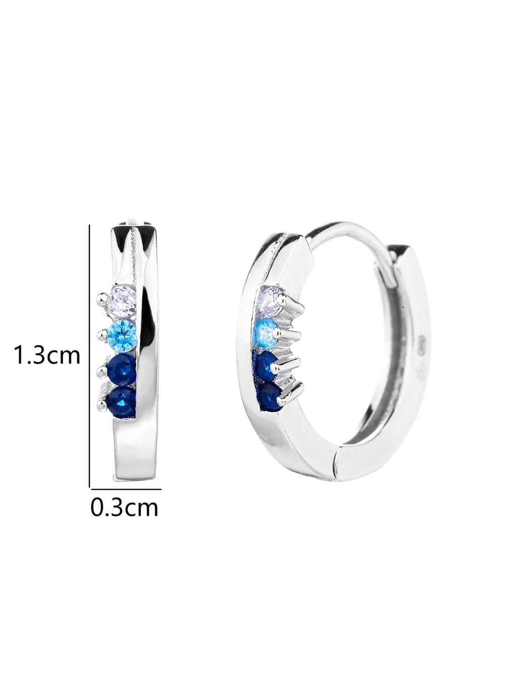 Blue, light blue and white cubic zirconia hoop earrings in hallmarked, rhodium-plated 925 sterling silver – 1.3 × 0.3 cm dimensions – DRESCHER Jewellery®