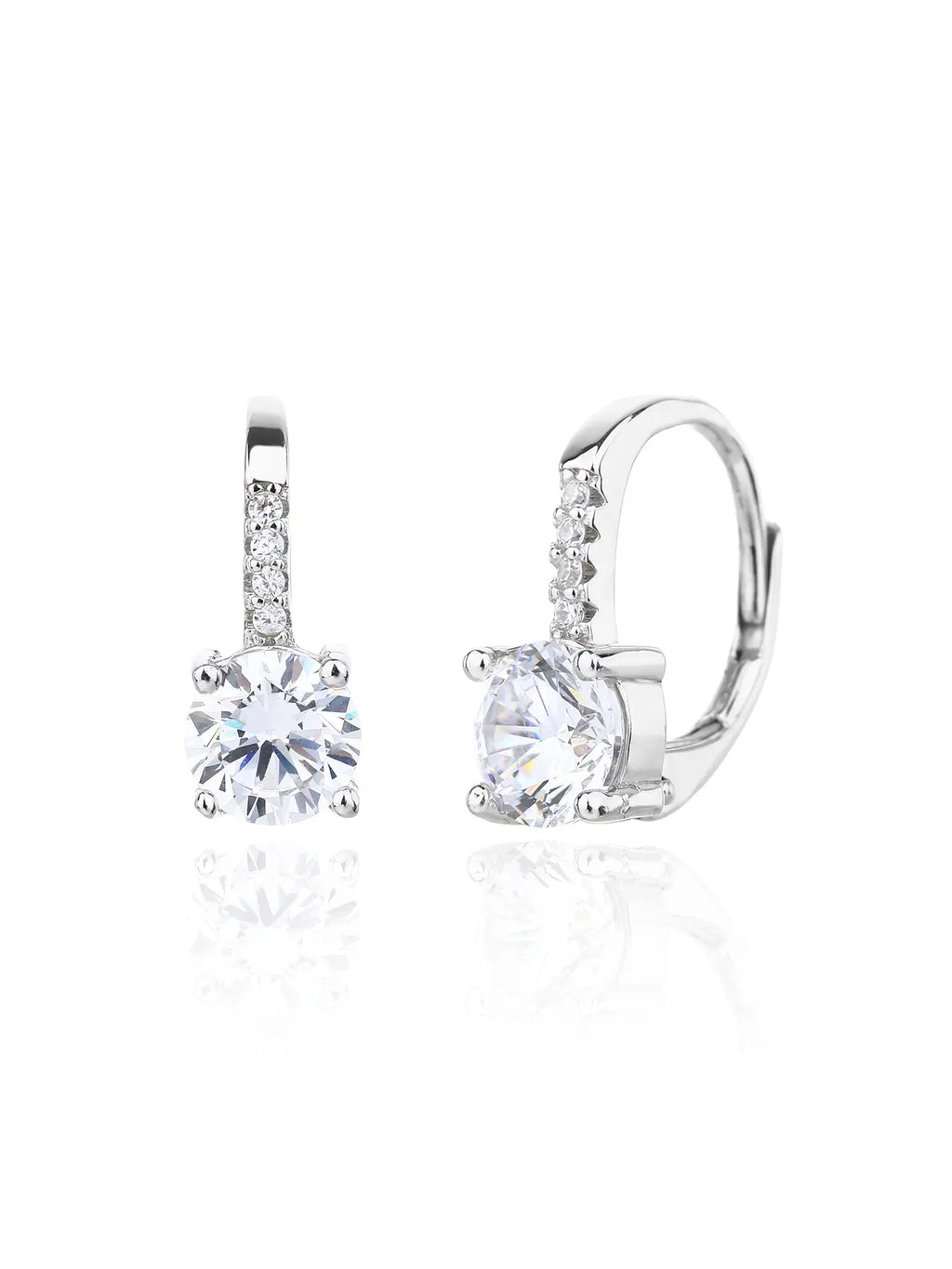 round cubic zirconia stone earrings with patent closure in hallmarked, rhodium-plated 925 sterling silver – front and side views – DRESCHER Jewellery®