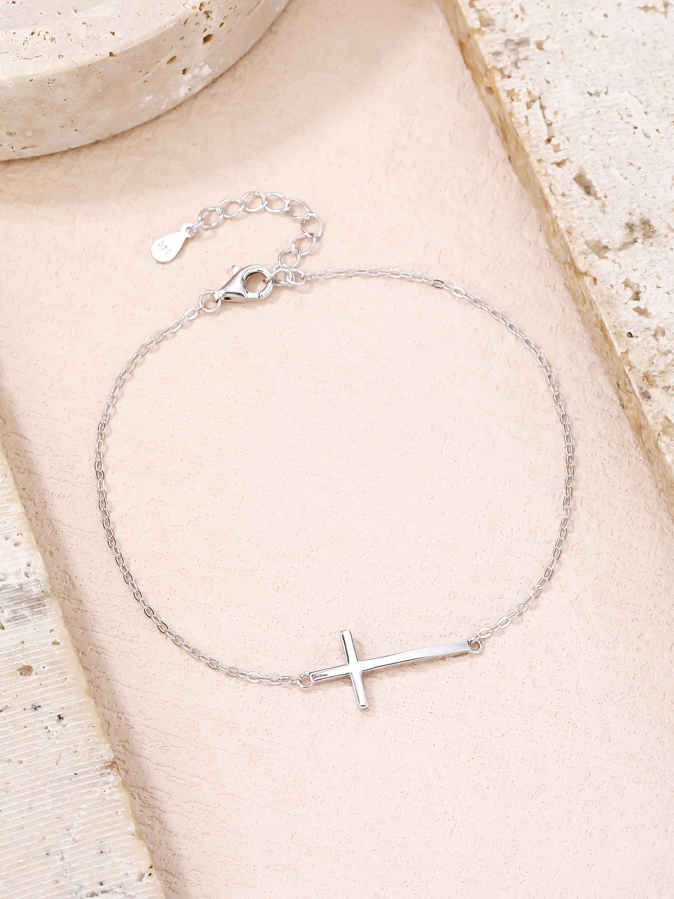 bracelet with cross motif in hallmarked, rhodium-plated 925 sterling silver – alternate front view – DRESCHER Jewellery®