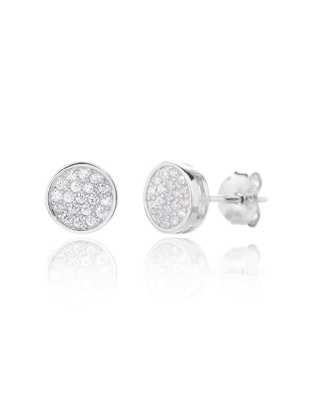 Round pavé white cubic zirconia stud earrings in hallmarked, rhodium-plated 925 sterling silver – front and side views – DRESCHER Jewellery®