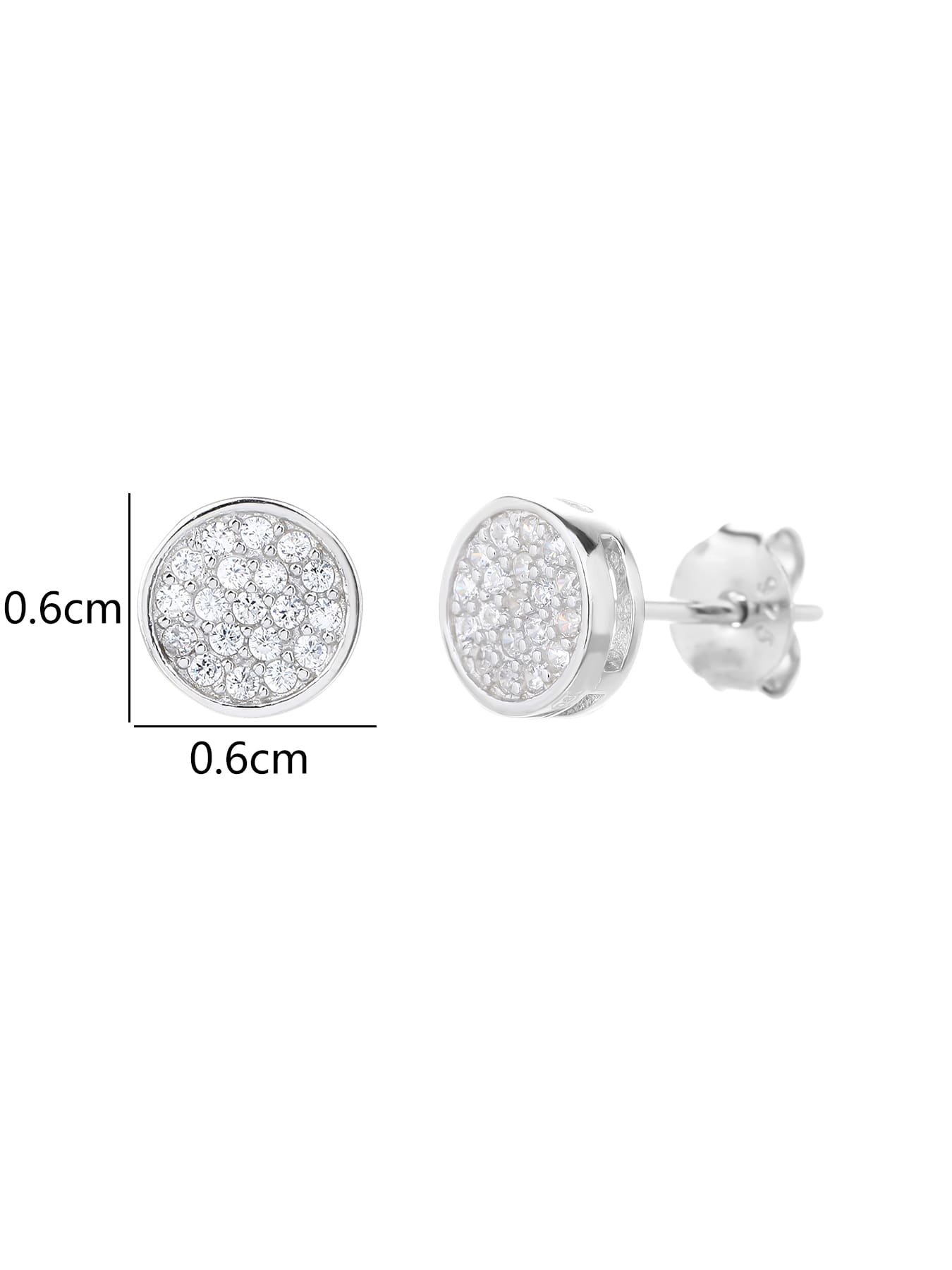 Round pavé white cubic zirconia stud earrings in hallmarked, rhodium-plated 925 sterling silver – 0.6 × 0.6 cm dimensions – DRESCHER Jewellery®