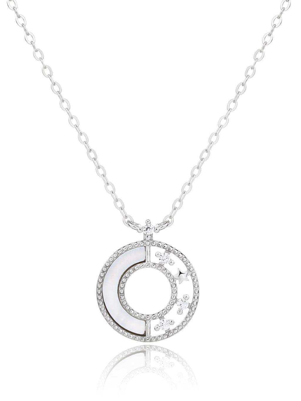 circle and crescent moon pendant necklace in hallmarked, rhodium-plated 925 sterling silver – front view – DRESCHER Jewellery®