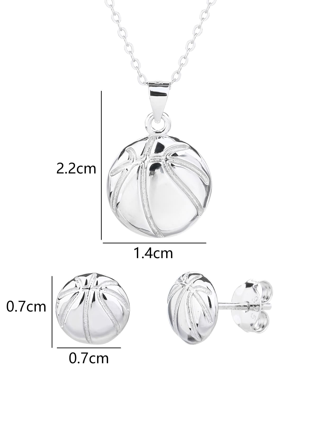 basketball wedge set in hallmarked, rhodium-plated 925 sterling silver – dimensions view – DRESCHER Jewellery®