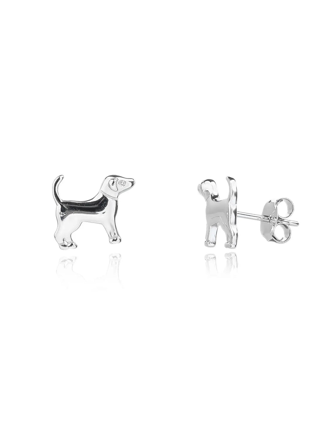 Dog-motif stud earrings in hallmarked, rhodium-plated 925 sterling silver – front view – DRESCHER Jewellery®