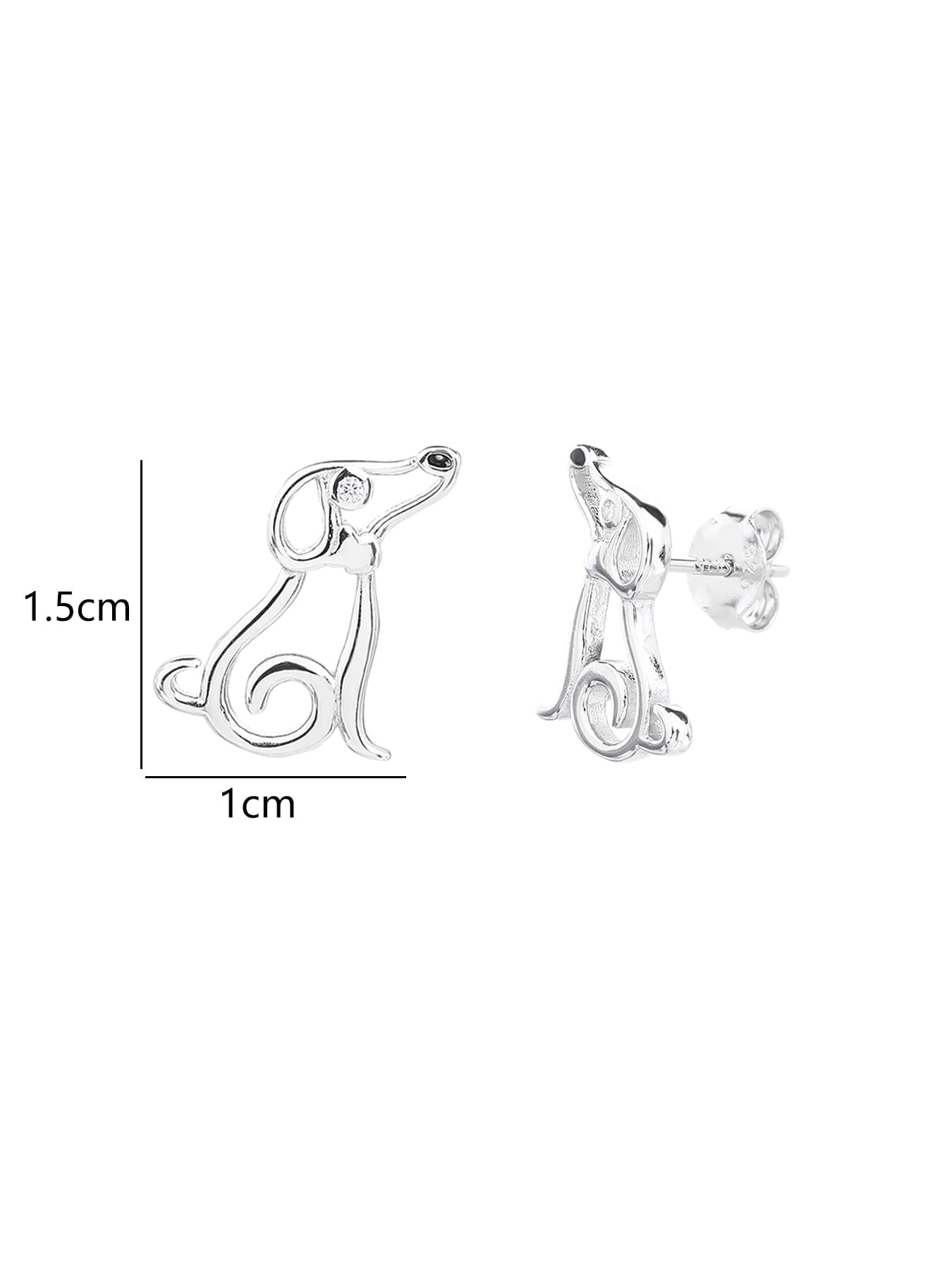 Dog-shaped stud earrings with cubic zirconia eyes in hallmarked, rhodium-plated 925 sterling silver – 1.5 × 1 cm dimensions – DRESCHER Jewellery®