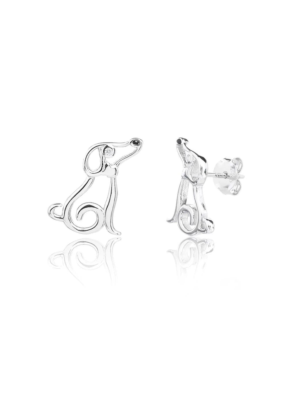 Dog-shaped stud earrings with cubic zirconia eyes in hallmarked, rhodium-plated 925 sterling silver – front and side views – DRESCHER Jewellery®