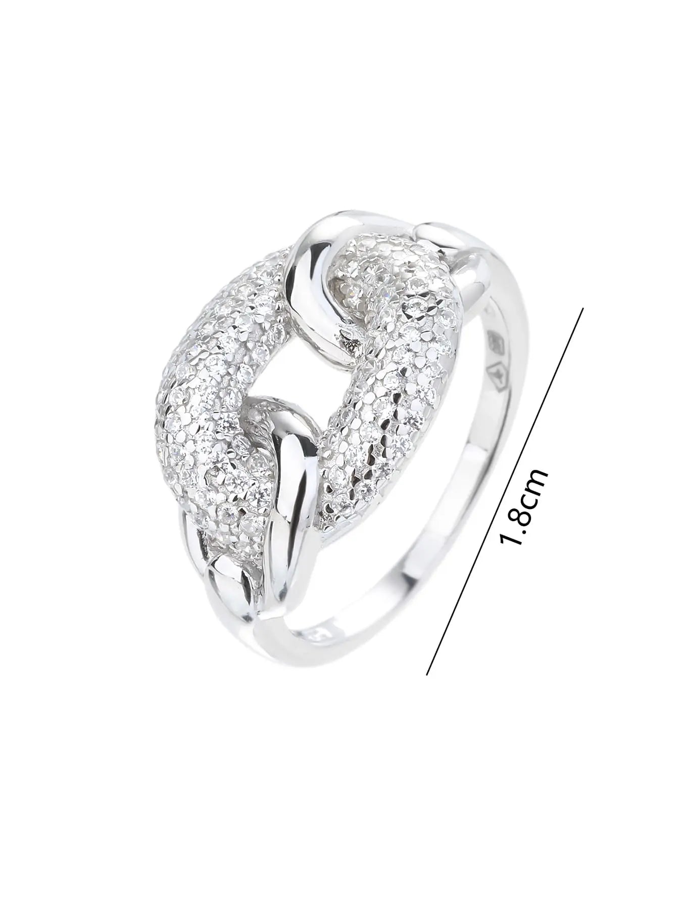 Silver link design ring with white cubic zirconia