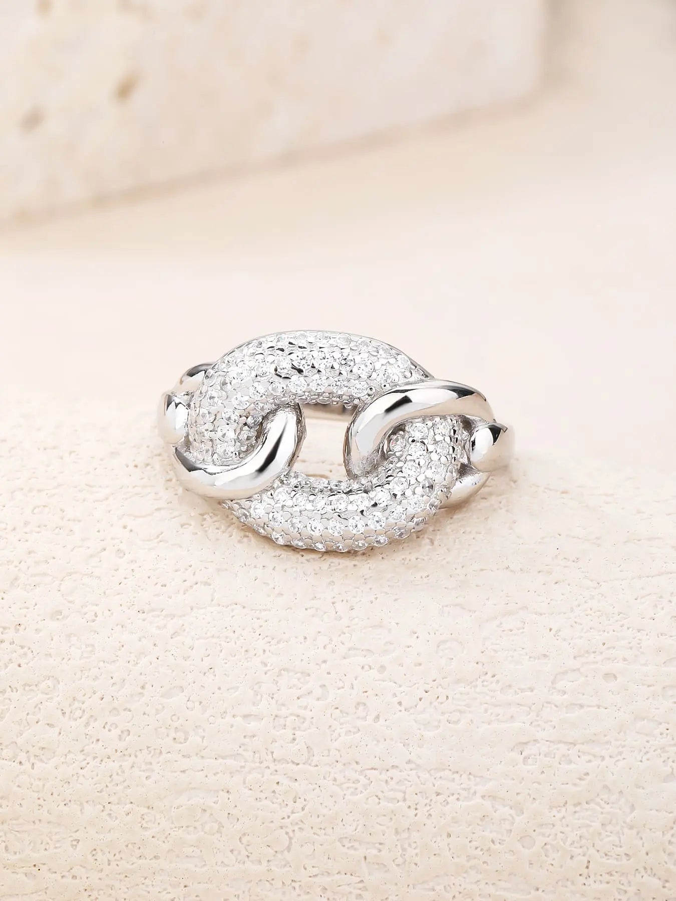 Silver link design ring with white cubic zirconia