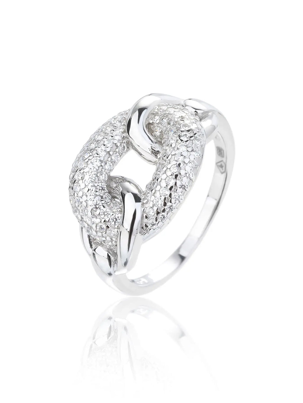Silver link design ring with white cubic zirconia