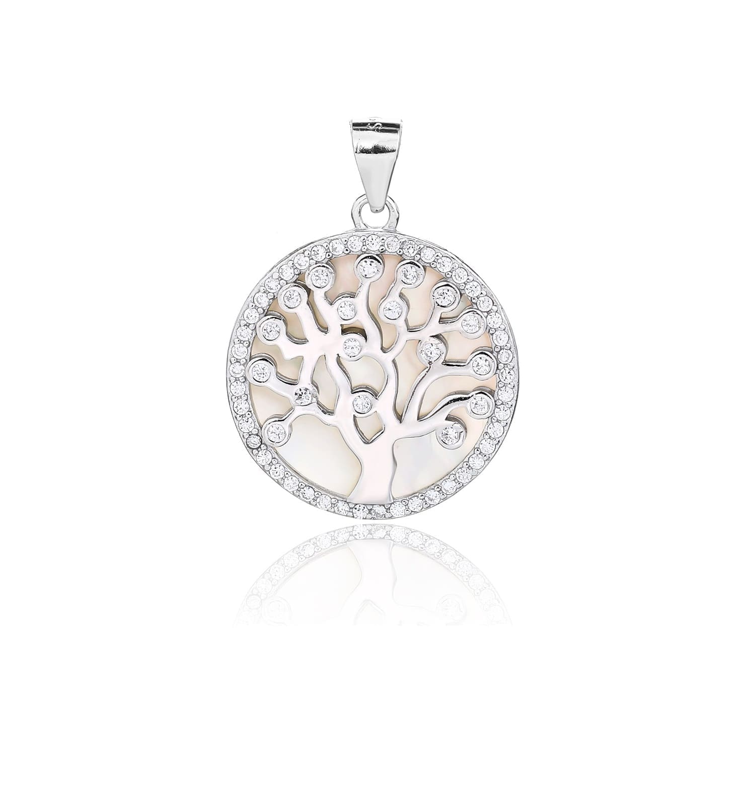 Tree of Life pendant with cubic zirconia decoration and mother-of-pearl inlay, crafted with hallmarked, rhodium-plated 925 sterling silver – alternate front view – DRESCHER Jewellery®