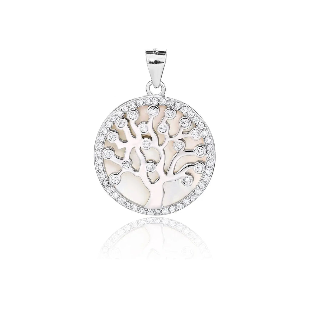 Tree of Life pendant with cubic zirconia decoration and mother-of-pearl inlay, crafted with hallmarked, rhodium-plated 925 sterling silver – front view – DRESCHER Jewellery®