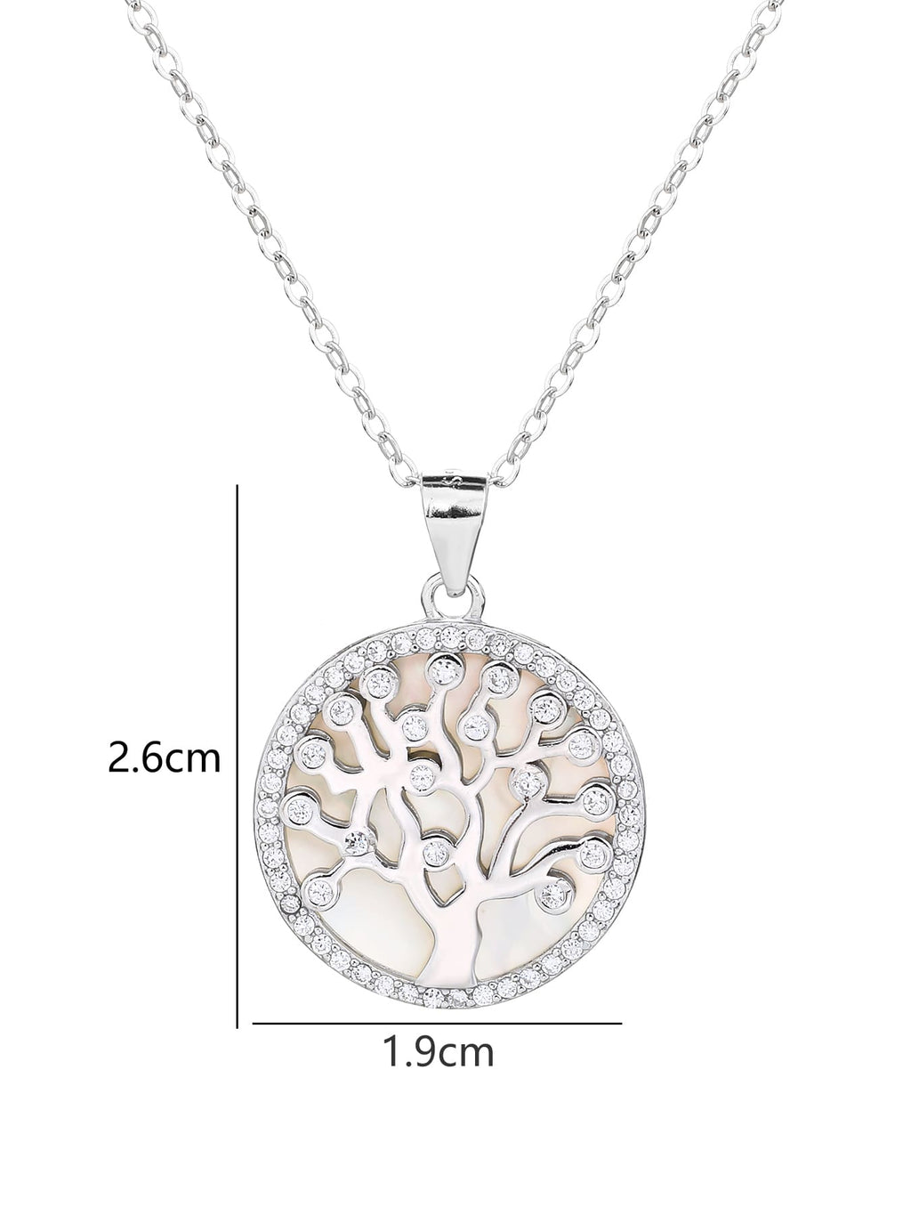 Tree of Life pendant with cubic zirconia decoration and mother-of-pearl inlay, crafted with hallmarked, rhodium-plated 925 sterling silver – dimensions view – DRESCHER Jewellery®