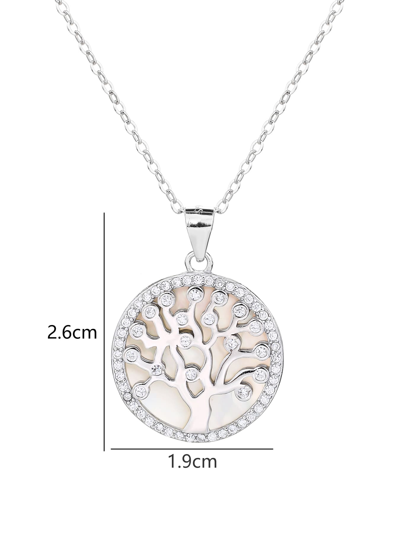 Tree of Life pendant with cubic zirconia decoration and mother-of-pearl inlay, crafted with hallmarked, rhodium-plated 925 sterling silver – dimensions view – DRESCHER Jewellery®