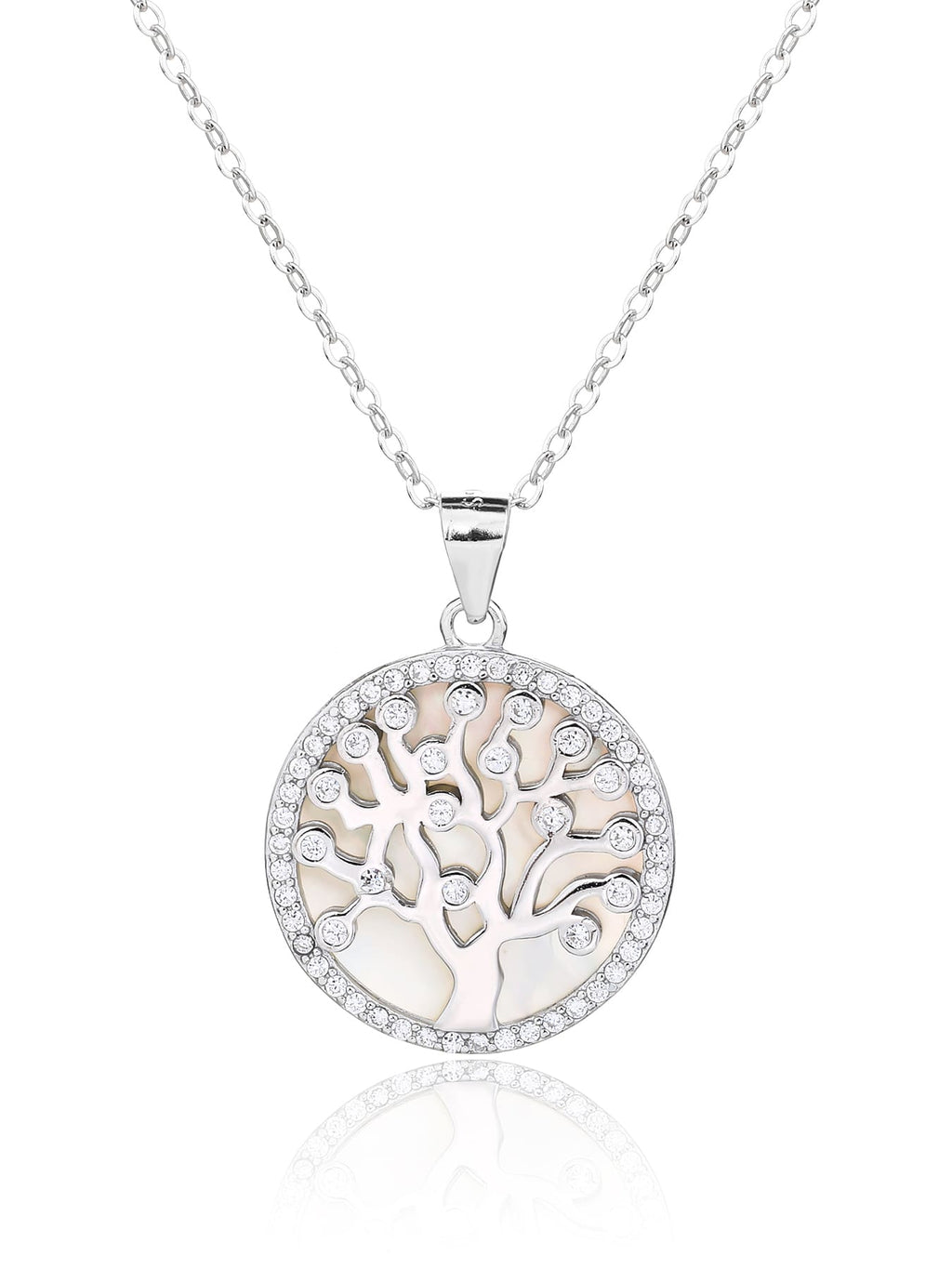 Tree of Life pendant with cubic zirconia decoration and mother-of-pearl inlay, crafted with hallmarked, rhodium-plated 925 sterling silver – front view on chain – DRESCHER Jewellery®