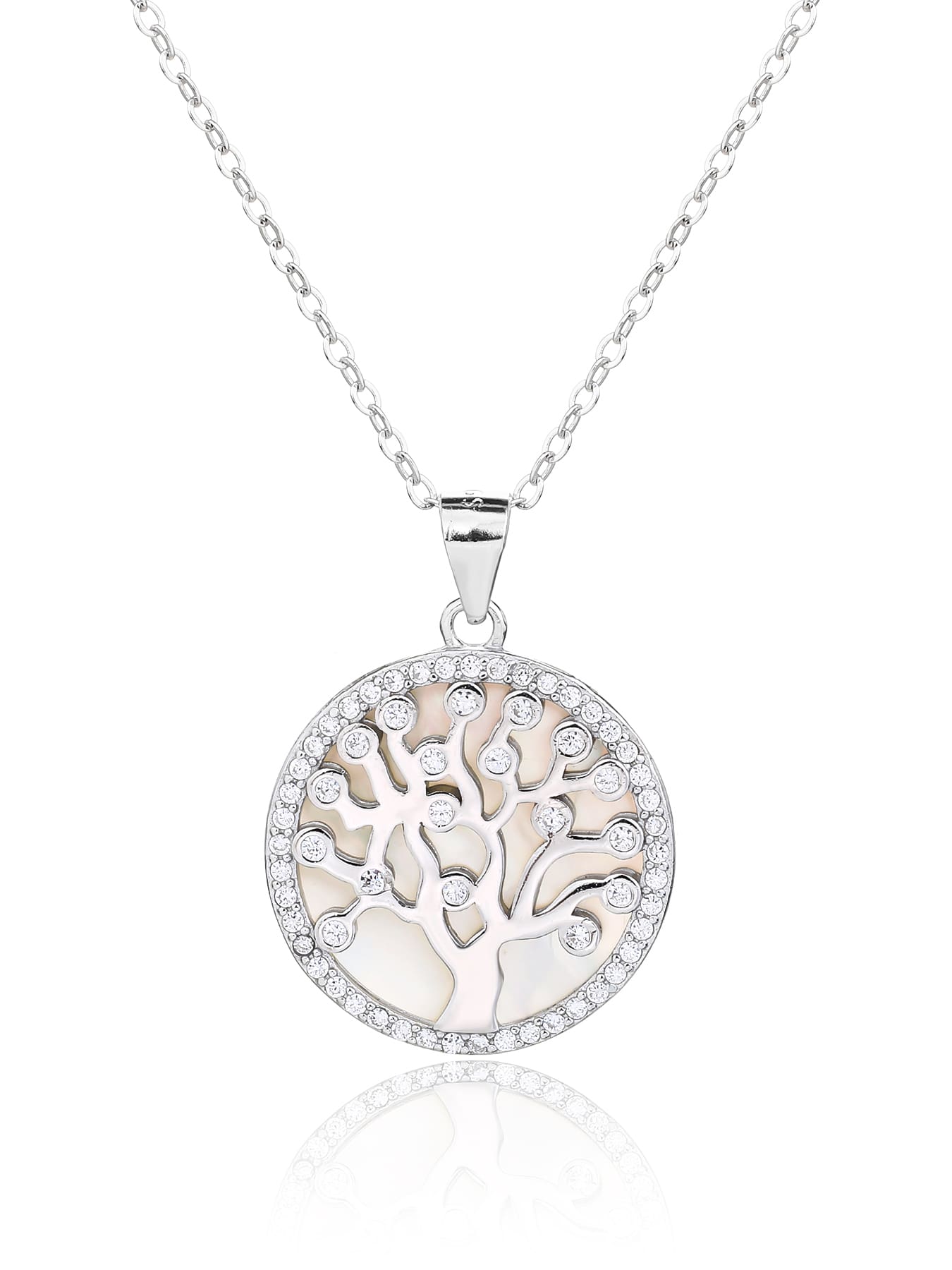 Tree of Life pendant with cubic zirconia decoration and mother-of-pearl inlay, crafted with hallmarked, rhodium-plated 925 sterling silver – front view on chain – DRESCHER Jewellery®