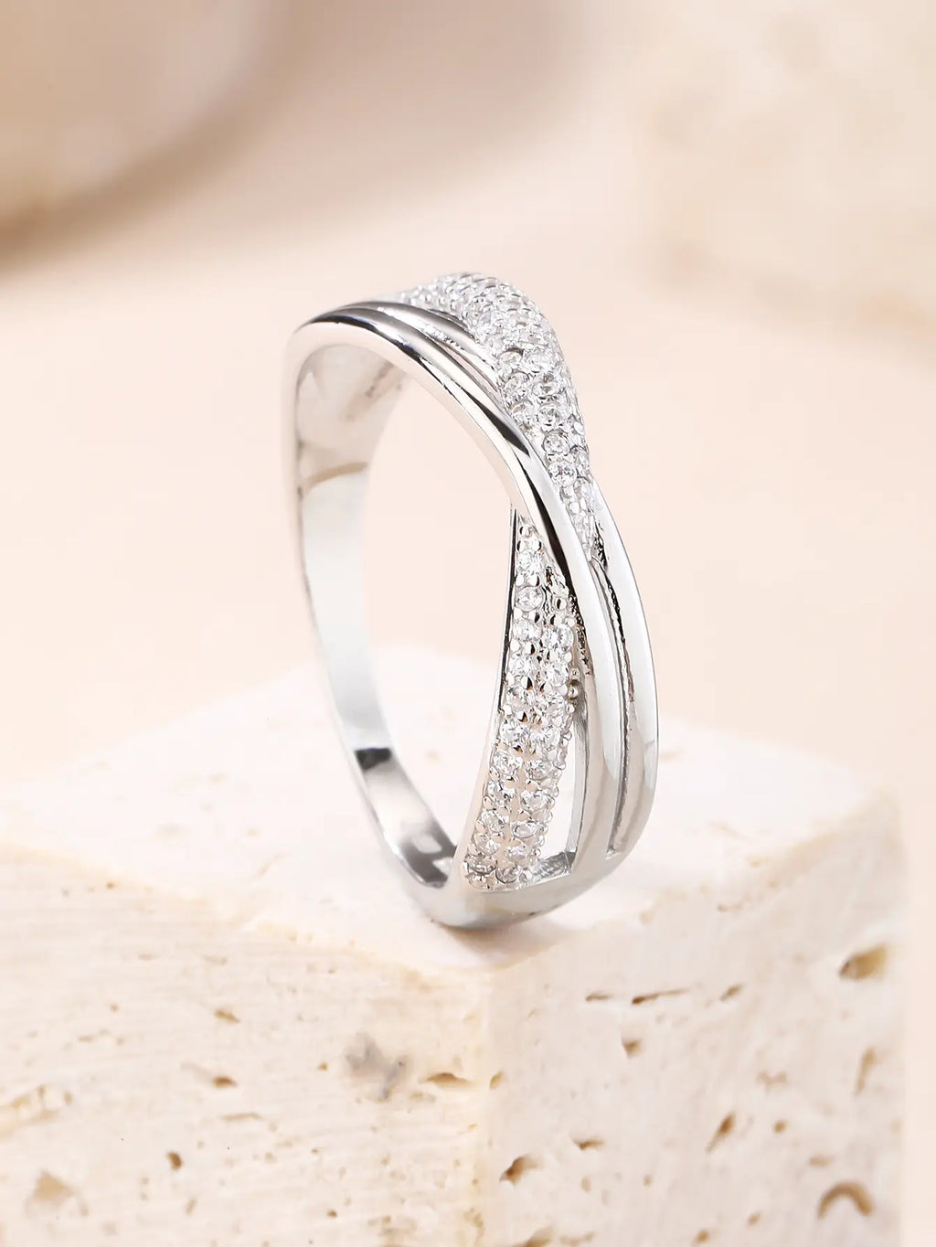 Silver micro set design ring with white cubic zirconia stones