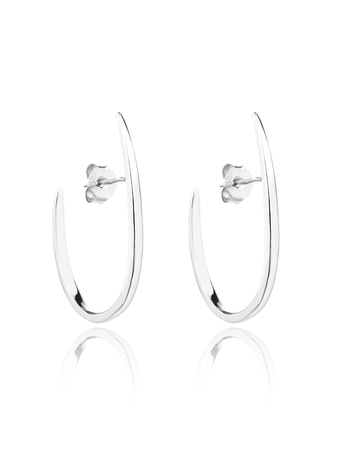 Curved minimalist stud earrings in hallmarked, rhodium-plated 925 sterling silver – front and side views – DRESCHER Jewellery®
