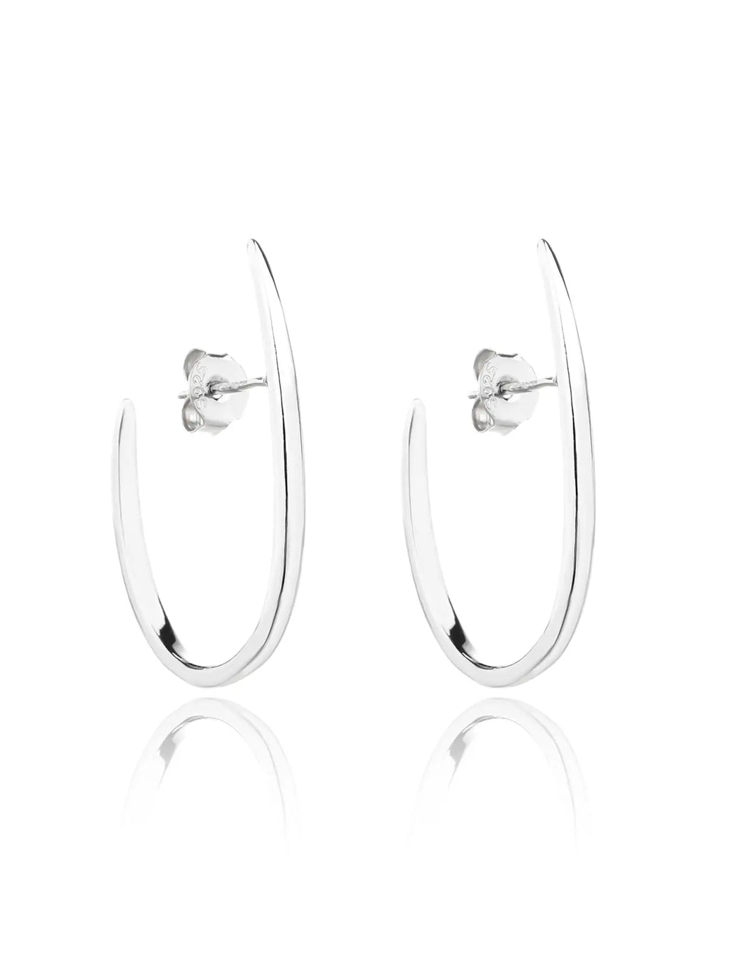 Curved minimalist stud earrings in hallmarked, rhodium-plated 925 sterling silver – front and side views – DRESCHER Jewellery®