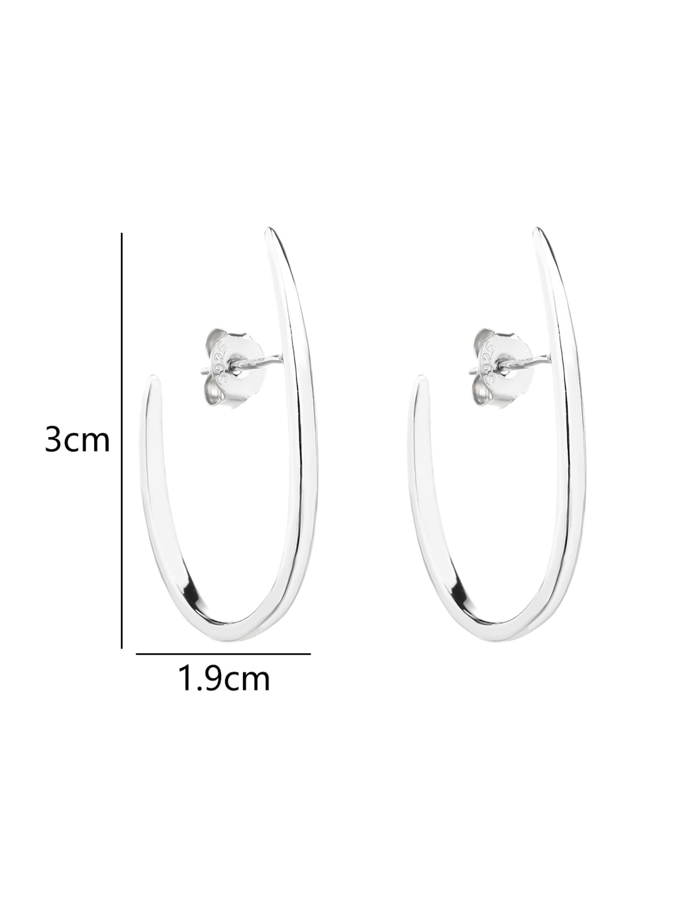 Curved minimalist stud earrings in hallmarked, rhodium-plated 925 sterling silver – dimensions – DRESCHER Jewellery®