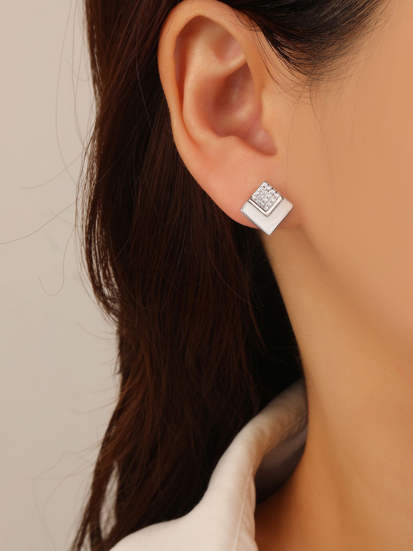 rectangle earrings with white stones and enamel in hallmarked, rhodium-plated 925 sterling silver – worn view – DRESCHER Jewellery®