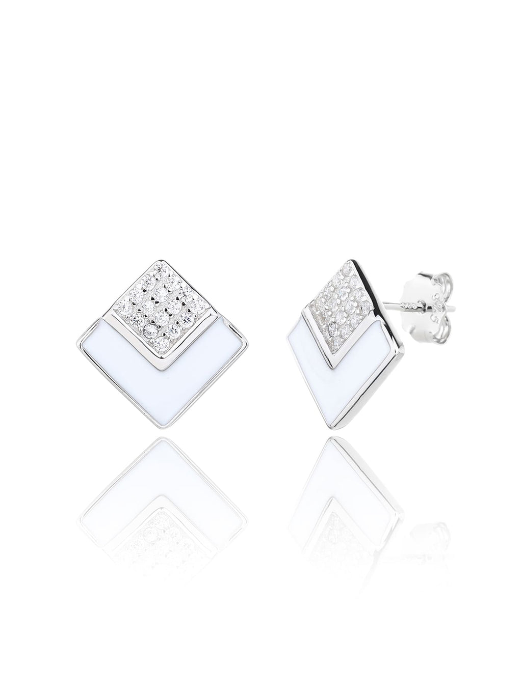 rectangle earrings with white stones and enamel in hallmarked, rhodium-plated 925 sterling silver – alternate front and side views – DRESCHER Jewellery®