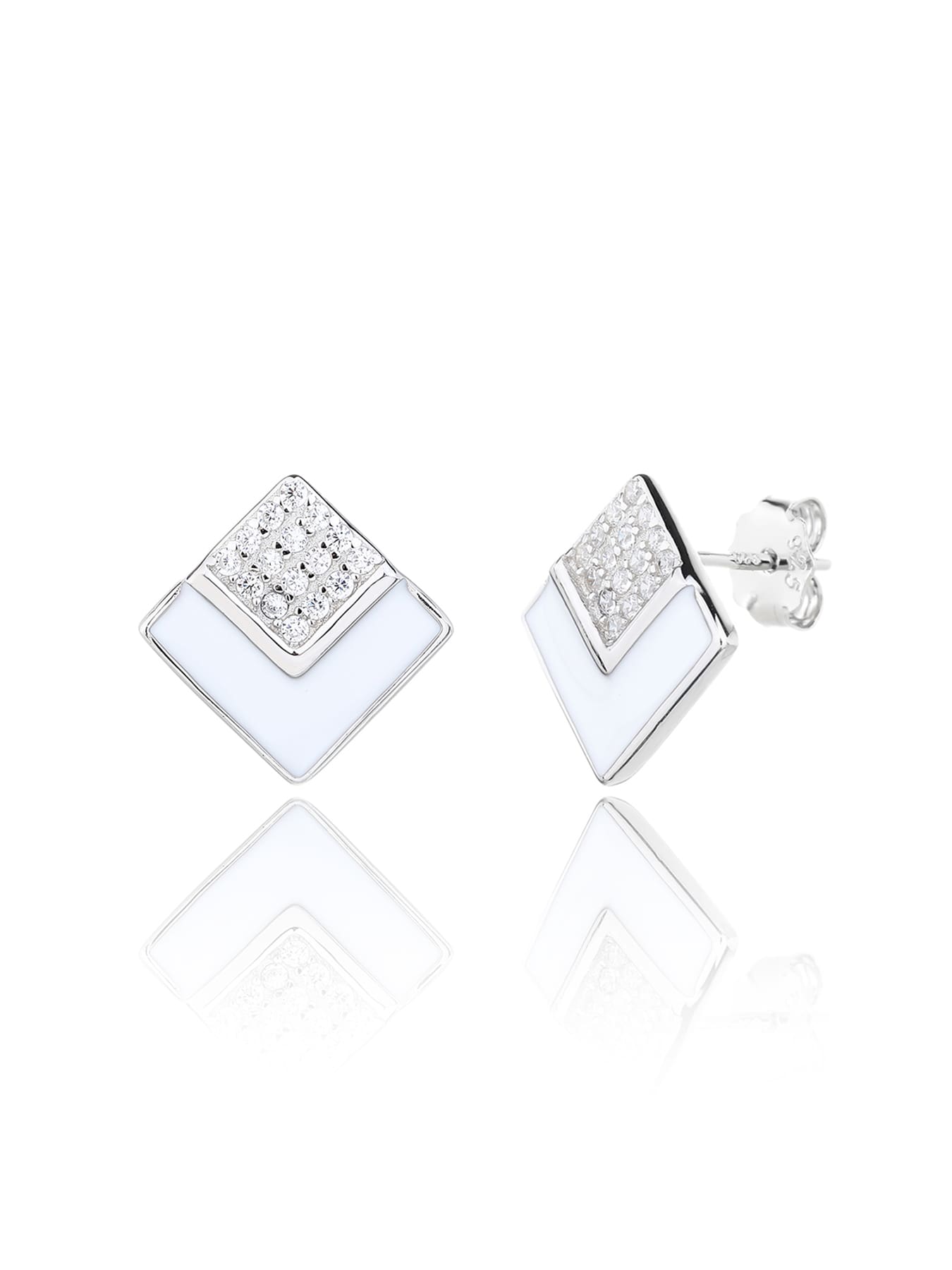 rectangle earrings with white stones and enamel in hallmarked, rhodium-plated 925 sterling silver – alternate front and side views – DRESCHER Jewellery®