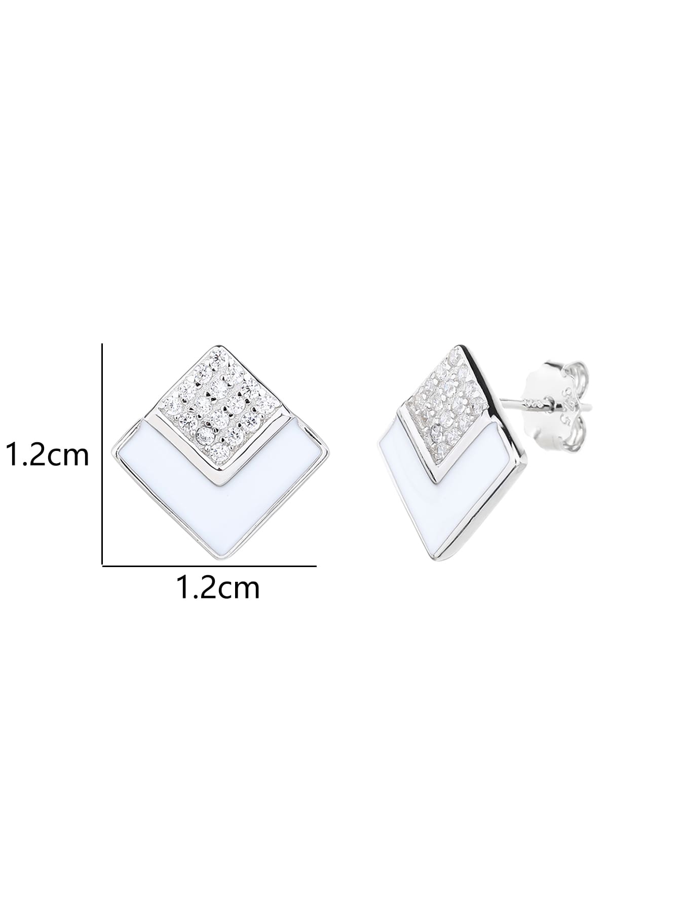 rectangle earrings with white stones and enamel in hallmarked, rhodium-plated 925 sterling silver – dimensions view – DRESCHER Jewellery®