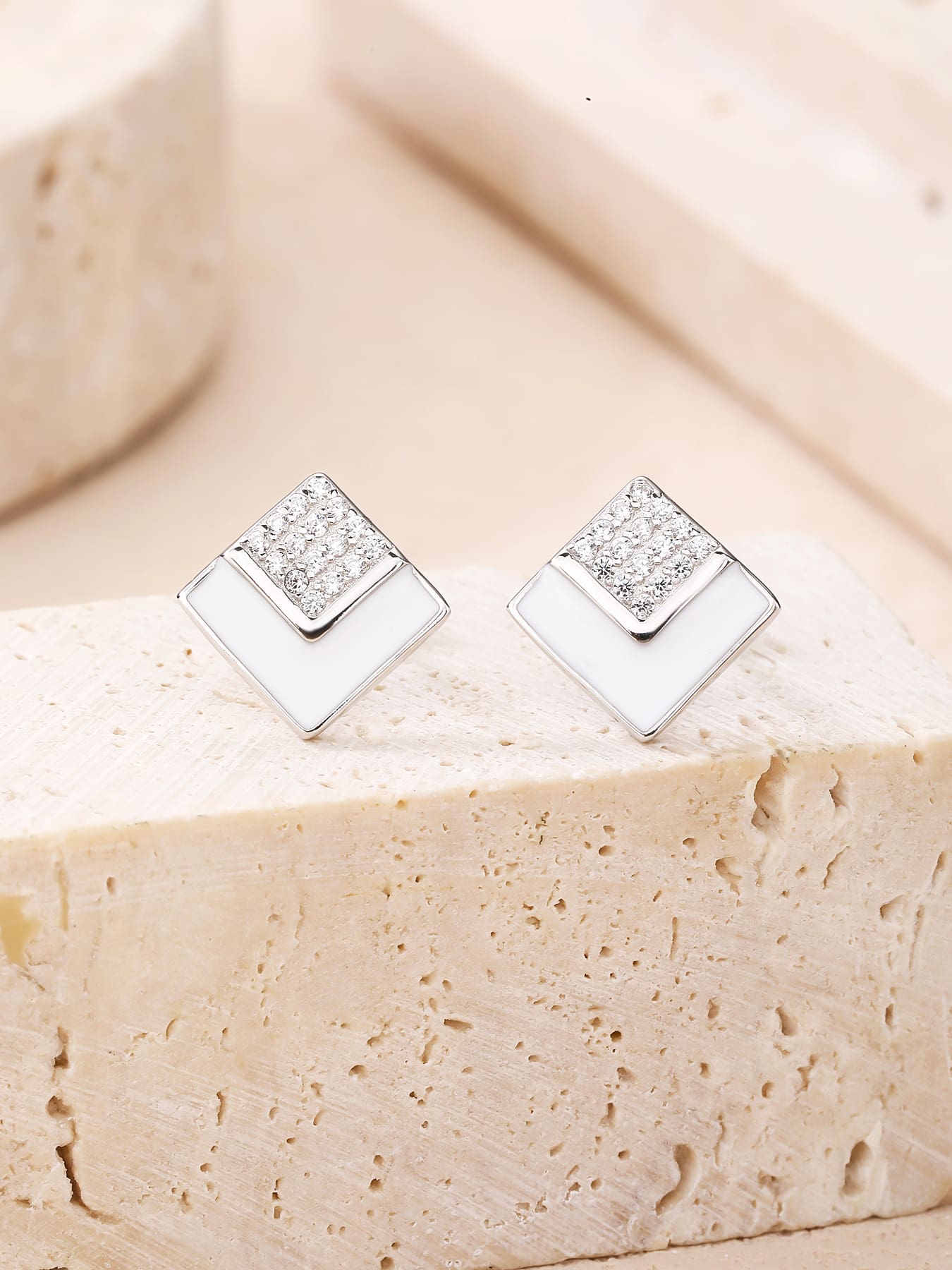 rectangle earrings with white stones and enamel in hallmarked, rhodium-plated 925 sterling silver – display view – DRESCHER Jewellery®