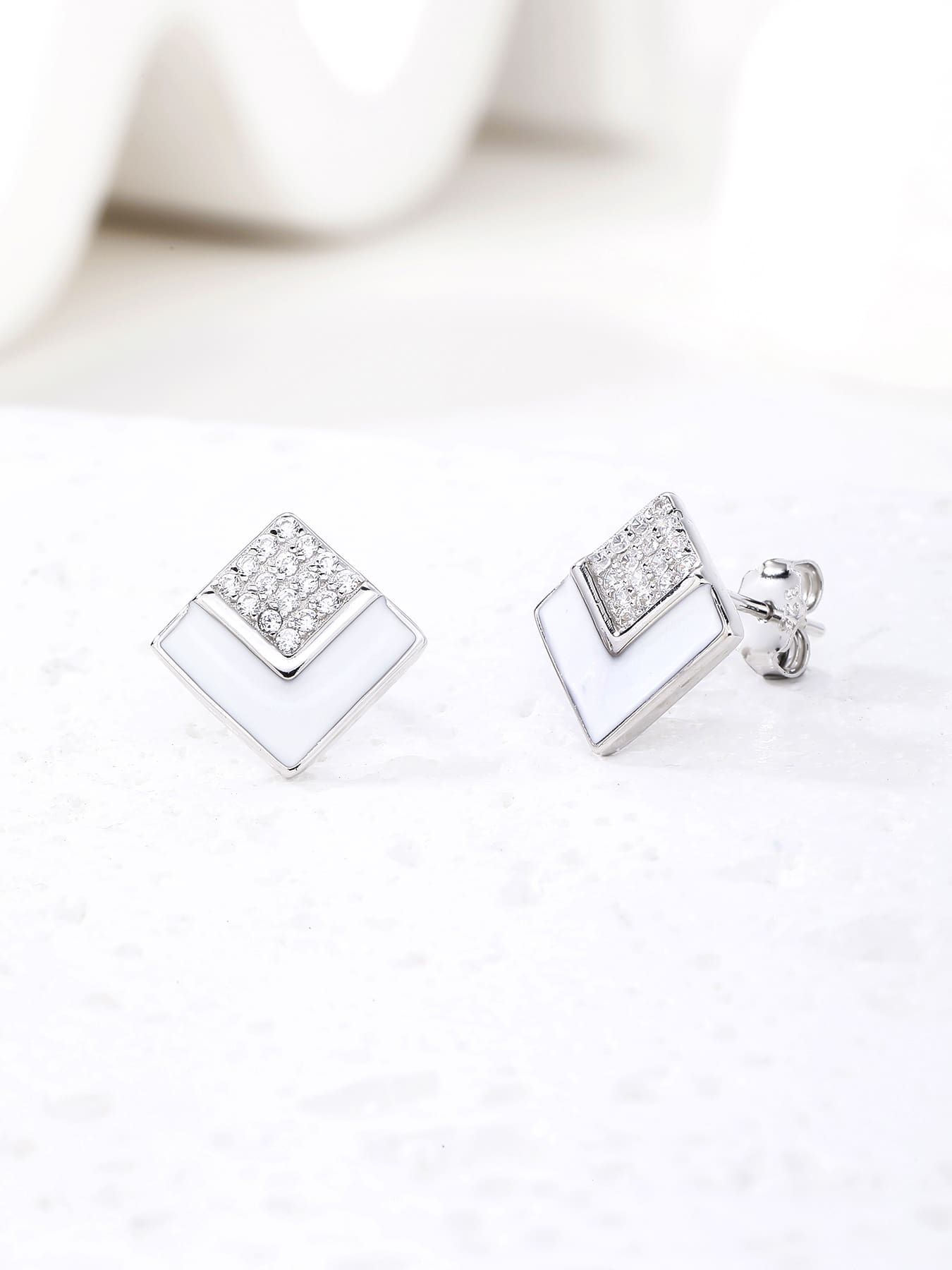 rectangle earrings with white stones and enamel in hallmarked, rhodium-plated 925 sterling silver – lifestyle view – DRESCHER Jewellery®