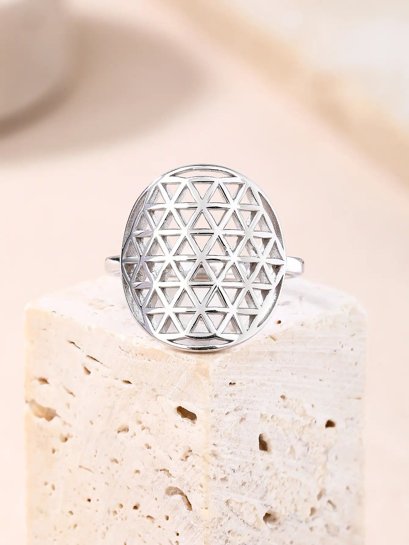Silver ladies ring with Flower of Life motif