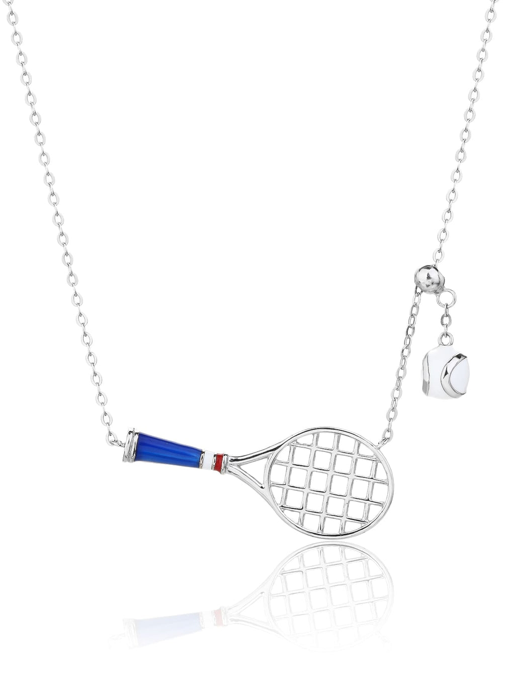 necklace with tennis racket and ball pendant in hallmarked, rhodium-plated 925 sterling silver – alternate front view – DRESCHER Jewellery®