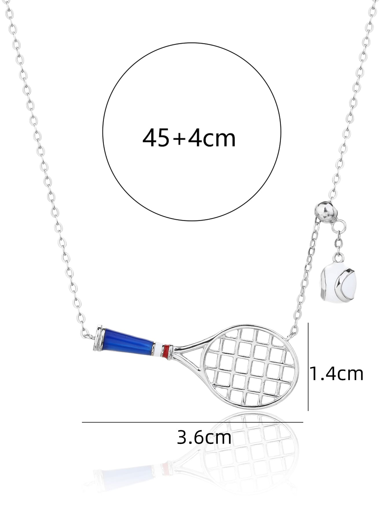 necklace with tennis racket and ball pendant in hallmarked, rhodium-plated 925 sterling silver – display view – DRESCHER Jewellery®