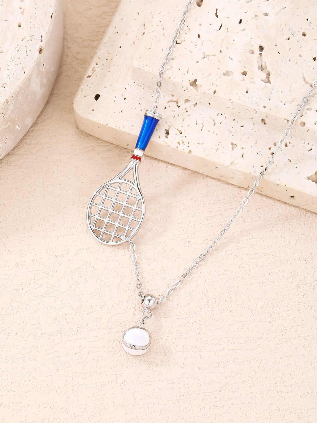 necklace with tennis racket and ball pendant in hallmarked, rhodium-plated 925 sterling silver – dimensions view – DRESCHER Jewellery®